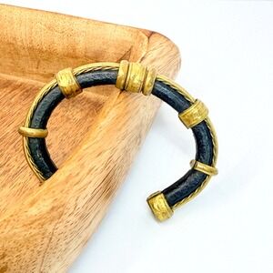 Vintage 1970s India Black‎ Leather Brass Artisan Boho Cuff Bracelet
